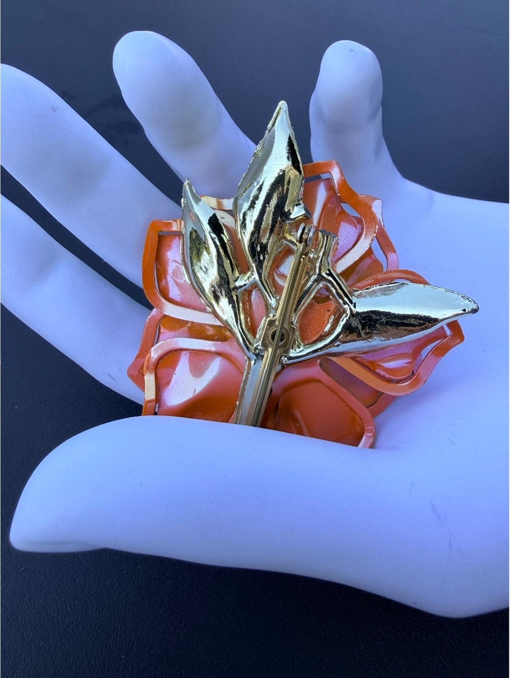 Vintage Iridescent Orange Enamel Flower Brooch Faux Pearl - Picture 3 of 6